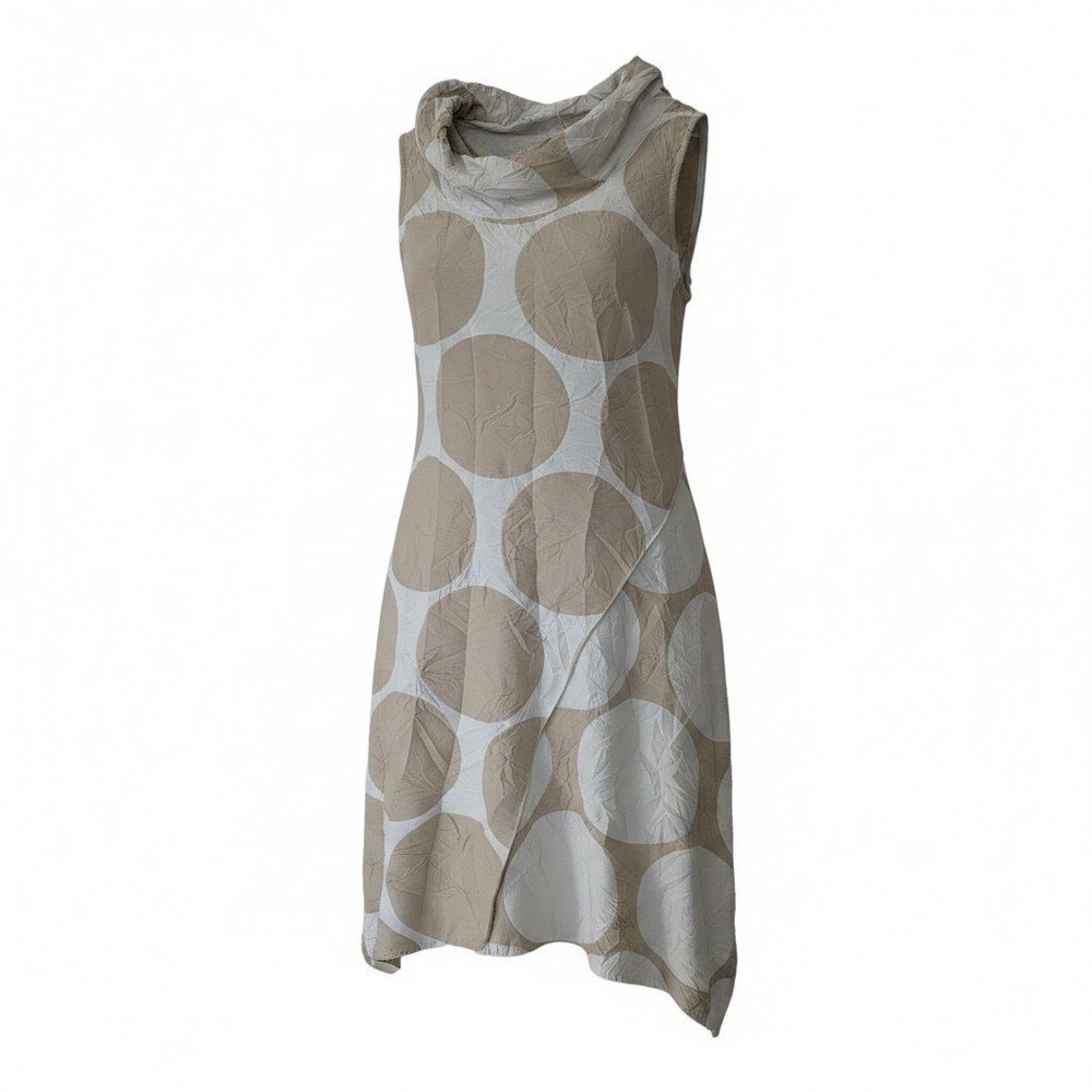 SpiritHouse Crinkle Cowlneck Polka-dot Dress Size XS Lagenlook White Tan Pockets